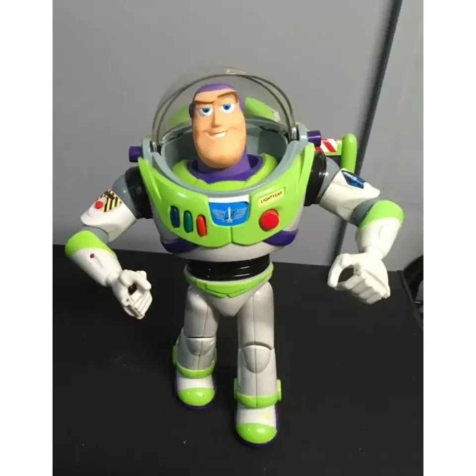 "This image features a Buzz Lightyear action figure from the 1990s, manufactured by Thinkway."