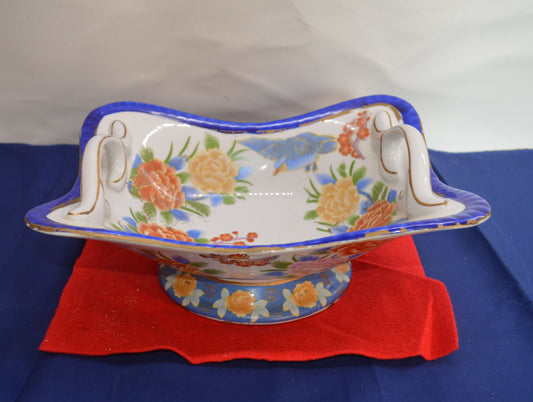 Chinese Style Two-Handled Rectangular Form Heavy Pottery Basket - Floral Design