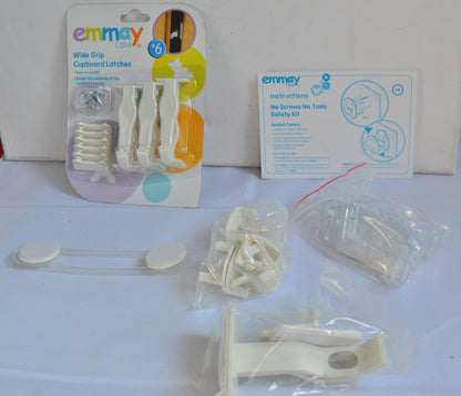 NEW EMMAY NO SCREWS NO TOOLS SAFETY KIT & 2 EMMAY WIDE GRIP CUPBOARD LATCHES x 6 - TMD167207