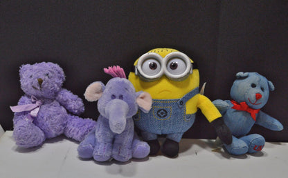 SOFT TOYS FOUR SMALL SOFT TOYS LILAC TEDDY DENIM TEDDY MINION ELEPHANT( PREVIOUSLY OWNED) GOOD CONDITION - TMD167207